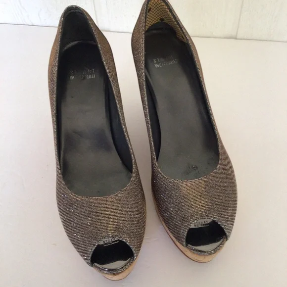 STUART WEITZMAN CORKSWOON BRONZE GLITTER CORK PLATFORM WEDGE SHOES SIZE … - Picture 9 of 16